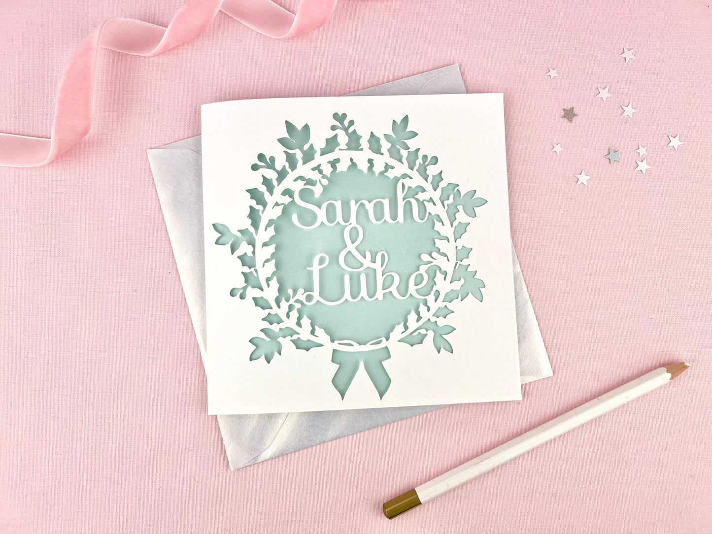 Personalised Bow Wreath Couple Papercut Christmas Card