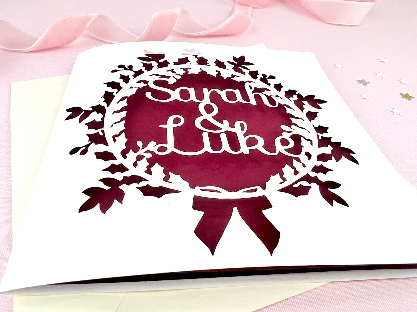 Personalised Bow Wreath Couple Papercut Christmas Card