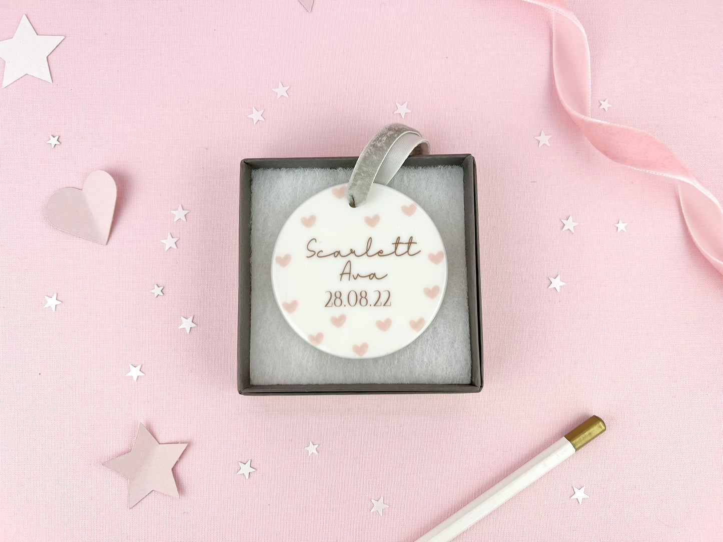 Personalised Pink Hearts New Baby Ceramic Ornament