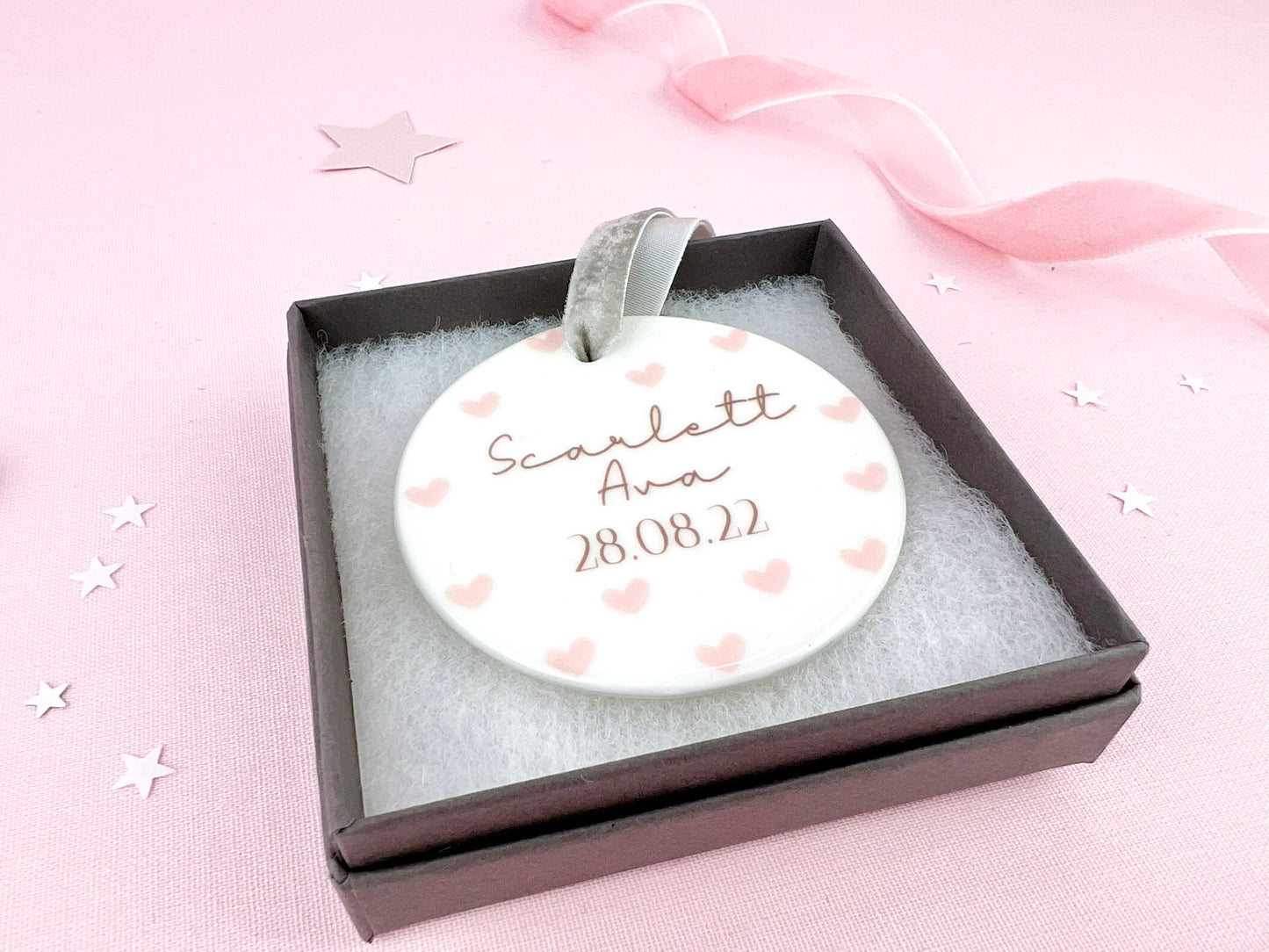 Personalised Pink Hearts New Baby Ceramic Ornament