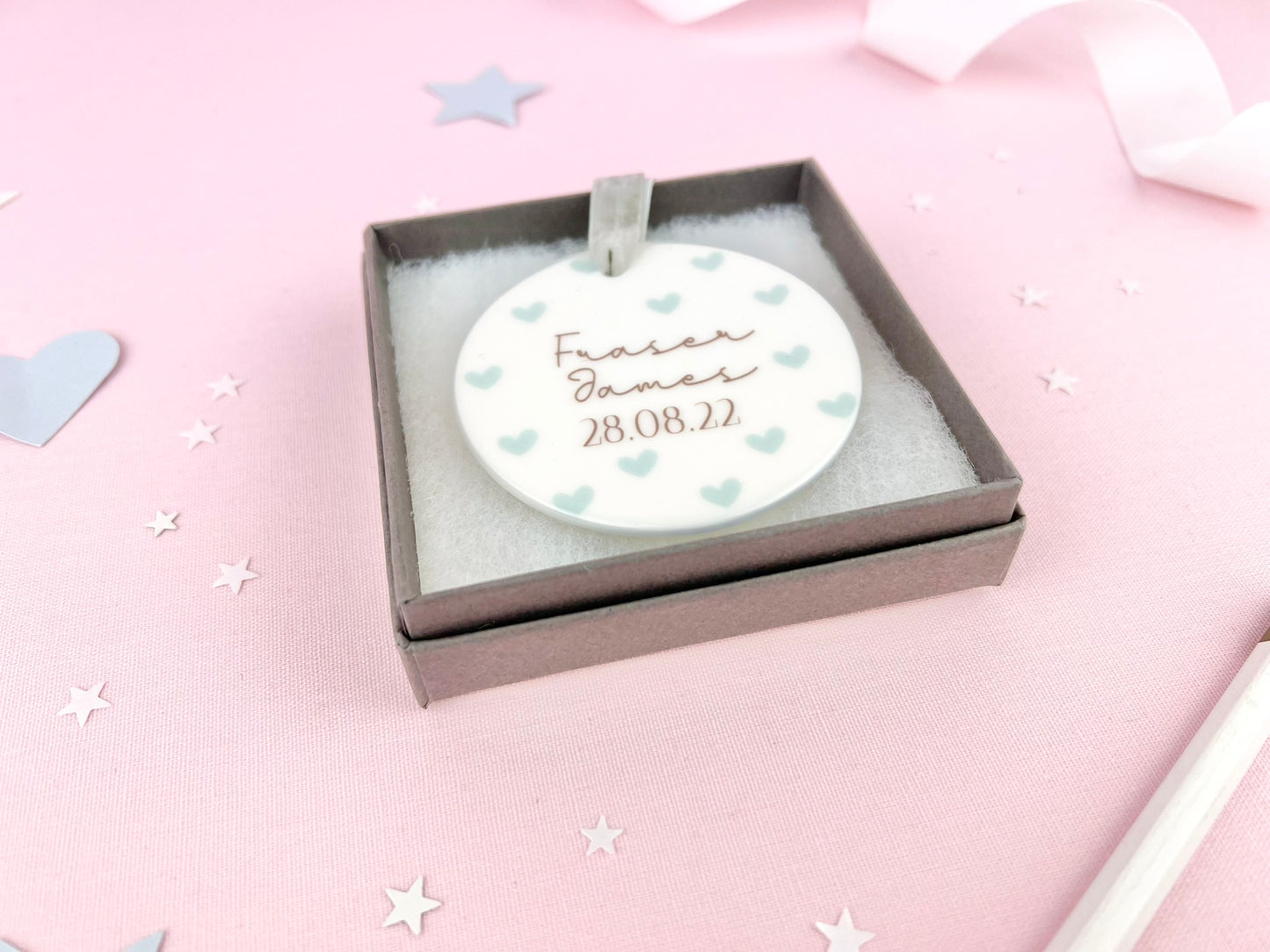 Personalised Blue Hearts New Baby Ceramic Ornament