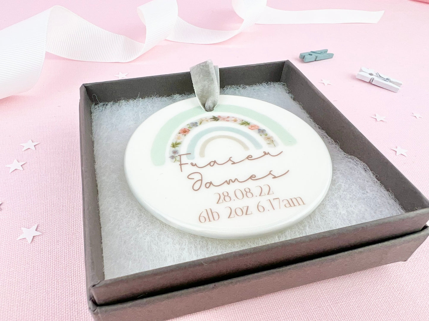 Personalised Blue Rainbow New Baby Ceramic Ornament