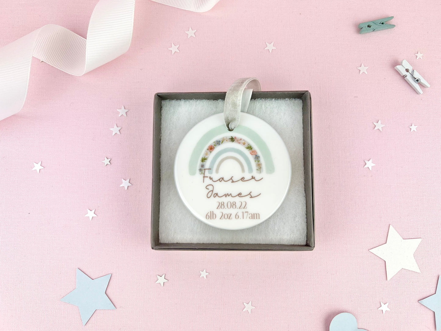 Personalised Blue Rainbow New Baby Ceramic Ornament