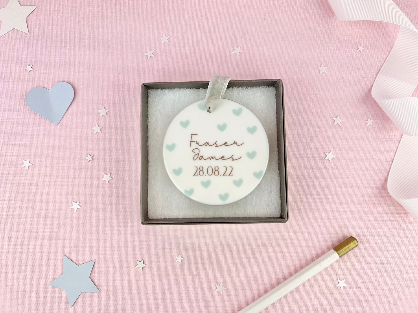 Personalised Blue Hearts New Baby Ceramic Ornament