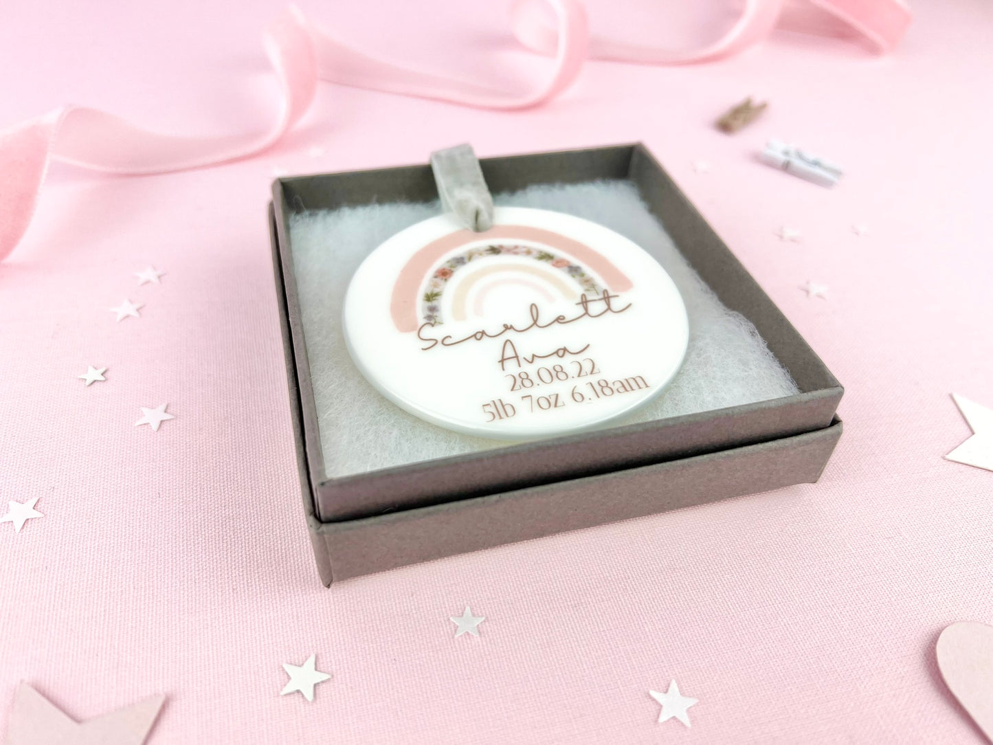 Personalised Pink Rainbow New Baby Ceramic Ornament