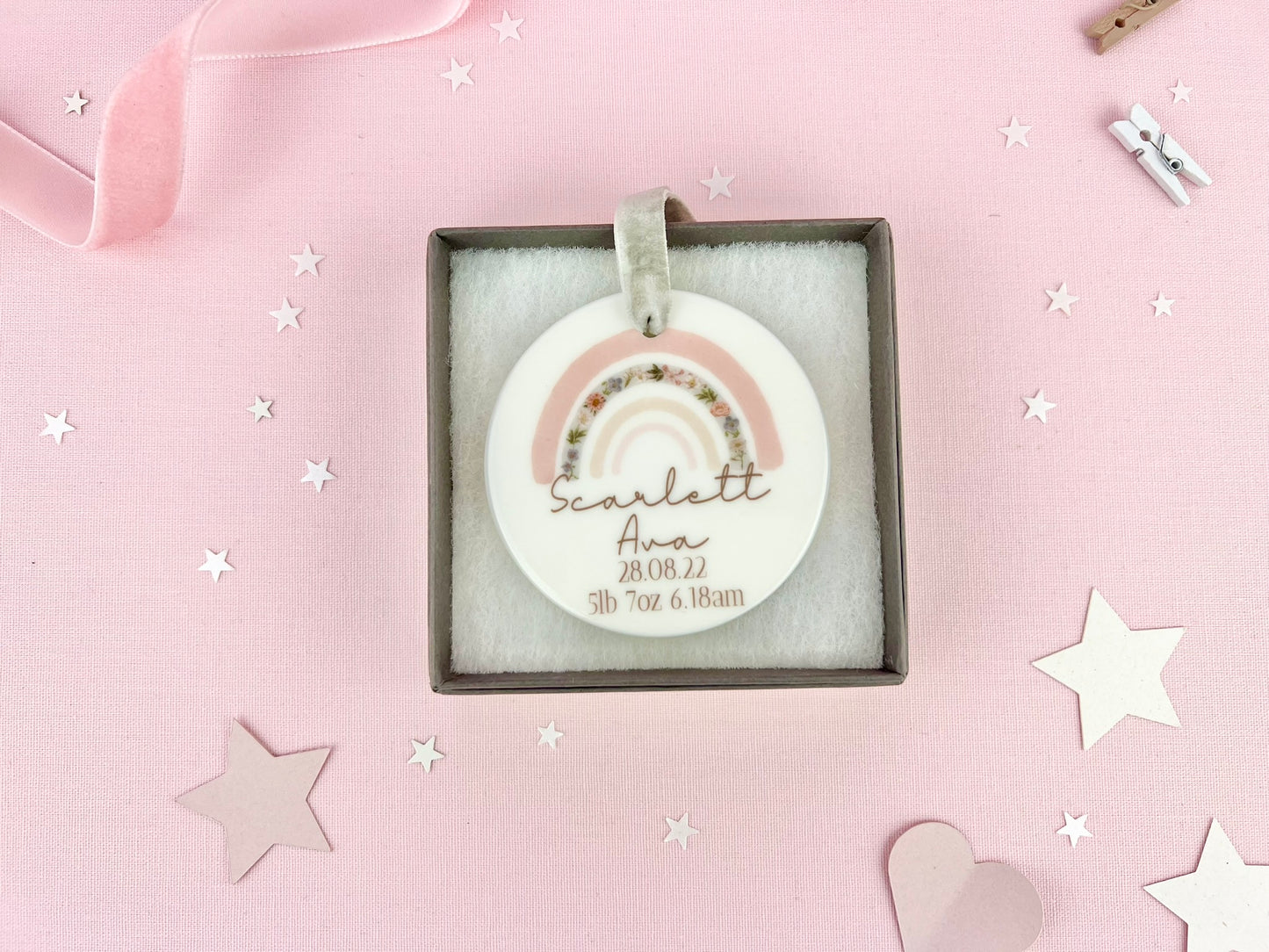 Personalised Pink Rainbow New Baby Ceramic Ornament